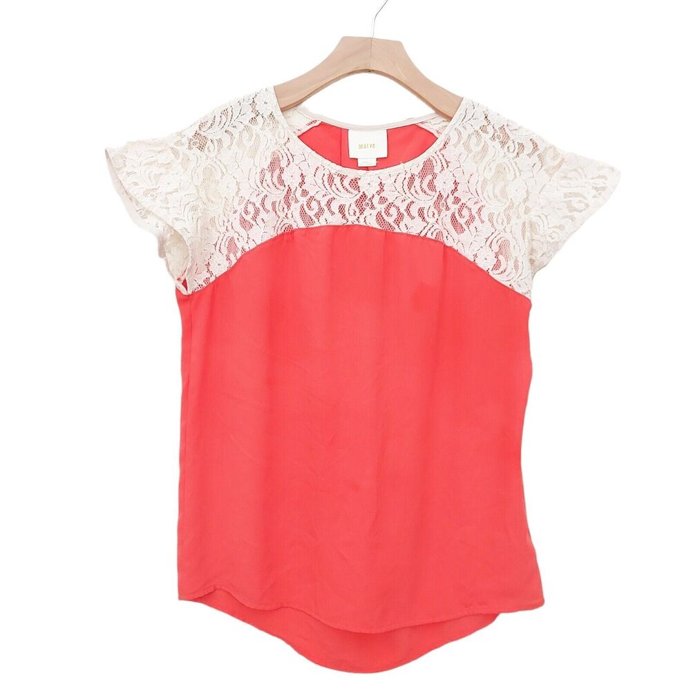 Anthropologie Maeve Blouse Womens Small Orange Lace Short Sleeve Round Neck Boho